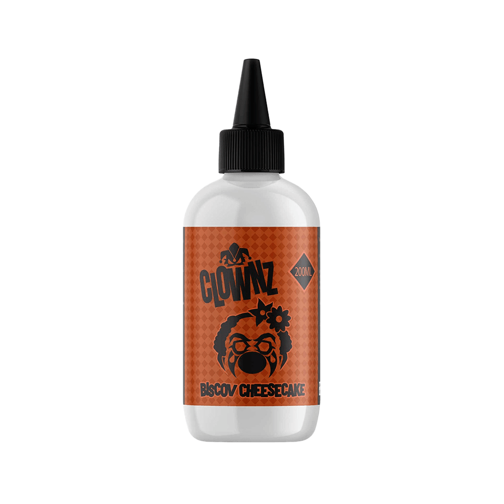 Clownz Biscoff Cheesecake 200ml vape juice bottle with an orange label and black cap.