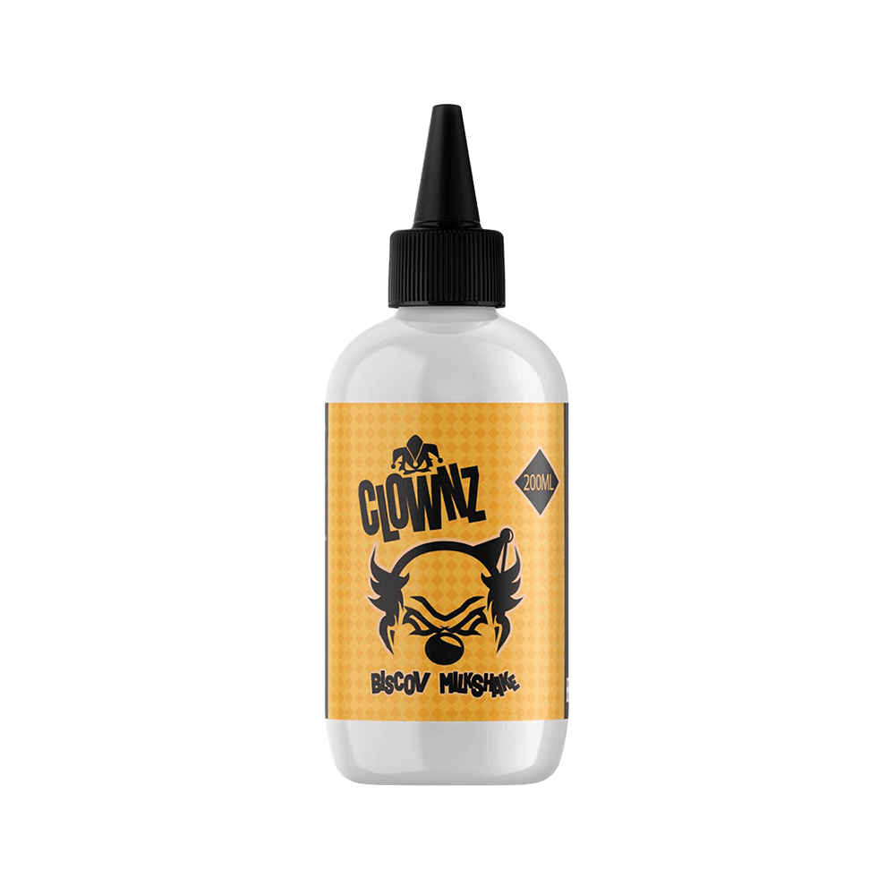 Clownz e-liquid bottle with a yellow label and black cap, 200ml capacity.