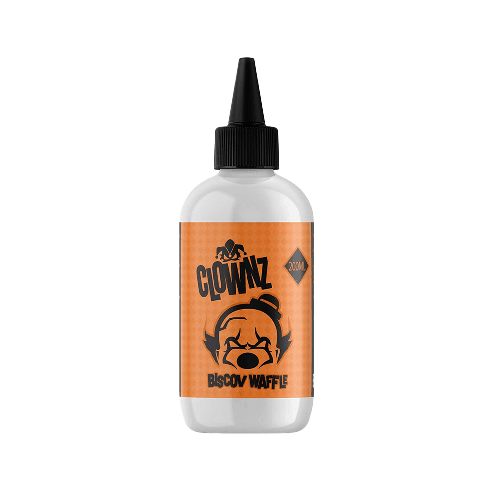 Clownz Biscoff Waffle 200ml vape juice bottle with orange label and black cap.