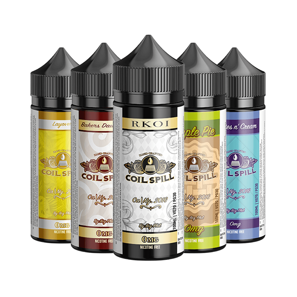 Five Coil Spill e-liquid bottles, including RKOI and Layover, displayed in a row.