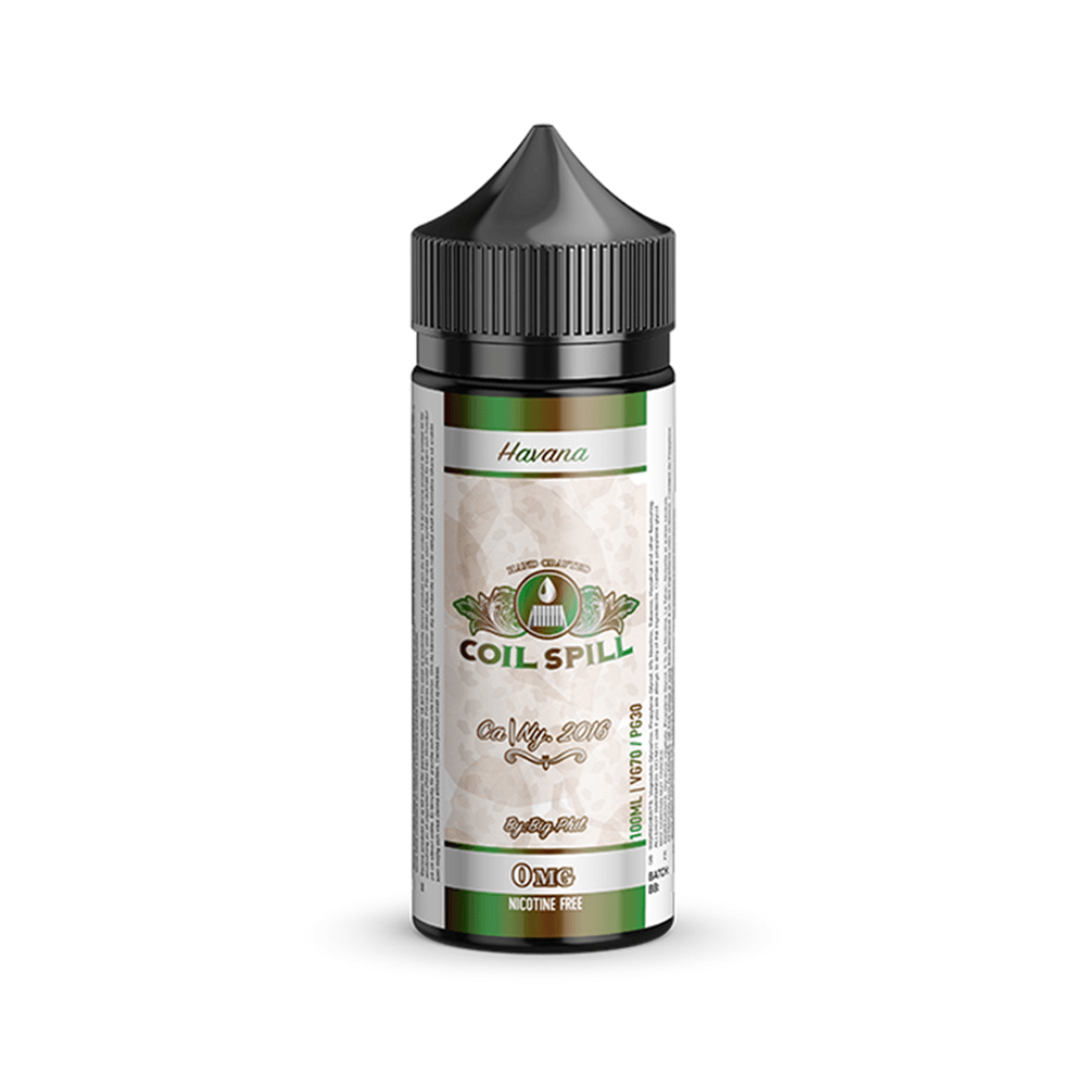 Coil Spill Havana 100ml shortfill e-liquid bottle with black cap and green accents.