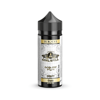 Coil Spill RKOI e-liquid bottle, 100ml shortfill, with a black cap and elegant white label design.