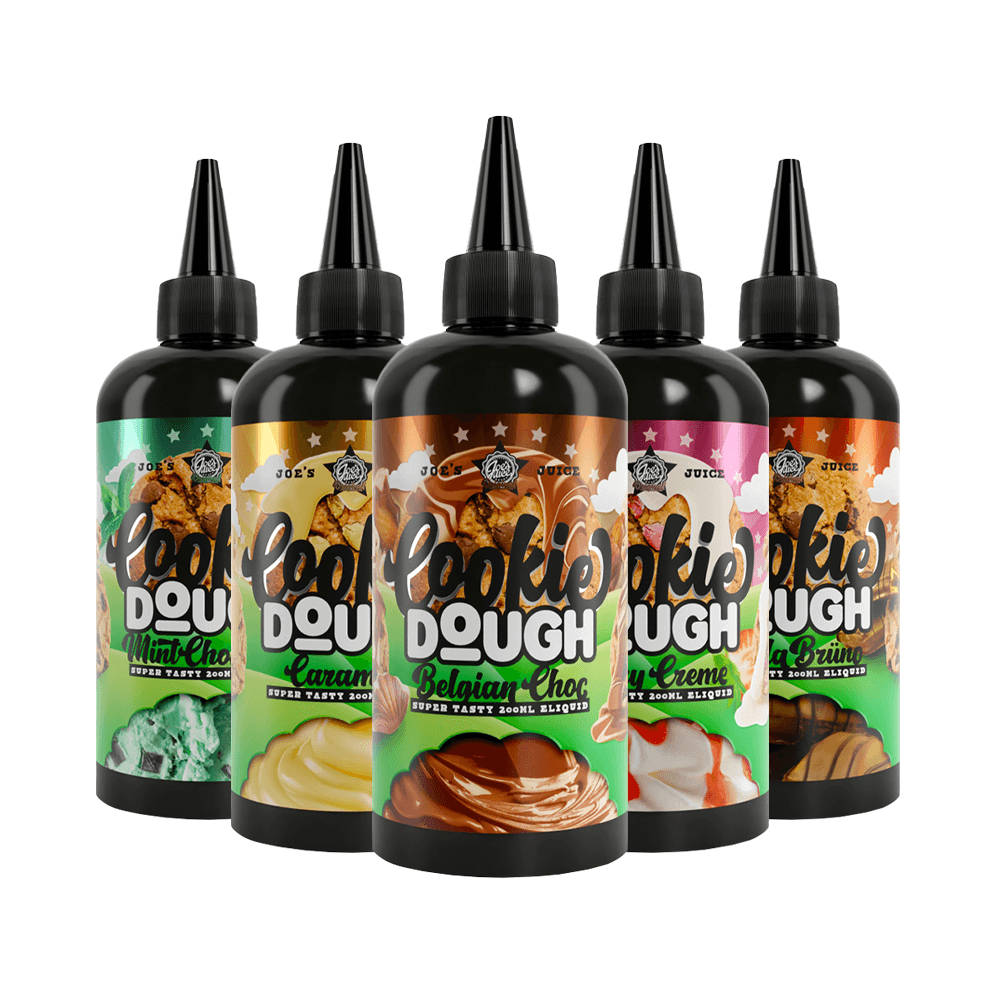 Five bottles of Cookie Dough flavoured e-liquid in assorted flavours.