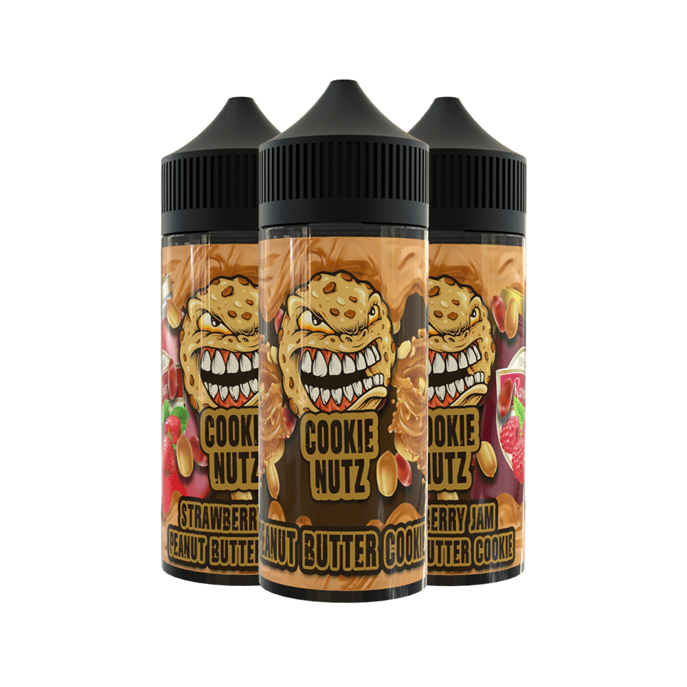 Three Cookie Nutz vape juice bottles with peanut butter and jam designs.