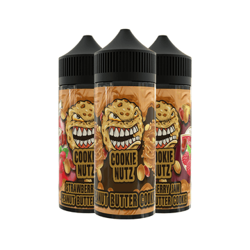 Three Cookie Nutz vape juice bottles with peanut butter and jam designs.