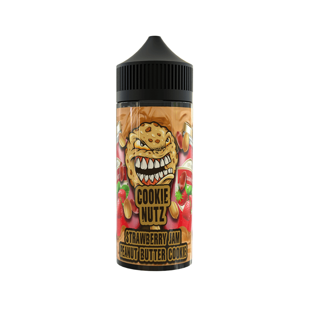 Cookie Nutz vape juice bottle with strawberry jam and peanut butter cookie flavour design.