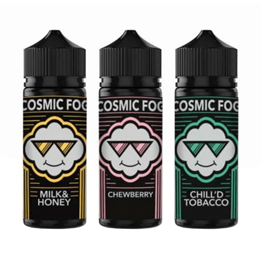 Three Cosmic Fog e-liquid bottles: Milk & Honey, Chewberry, Chill'd Tobacco.