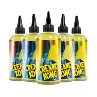 Five Creme Kong vape juice bottles with colourful labels and black caps.