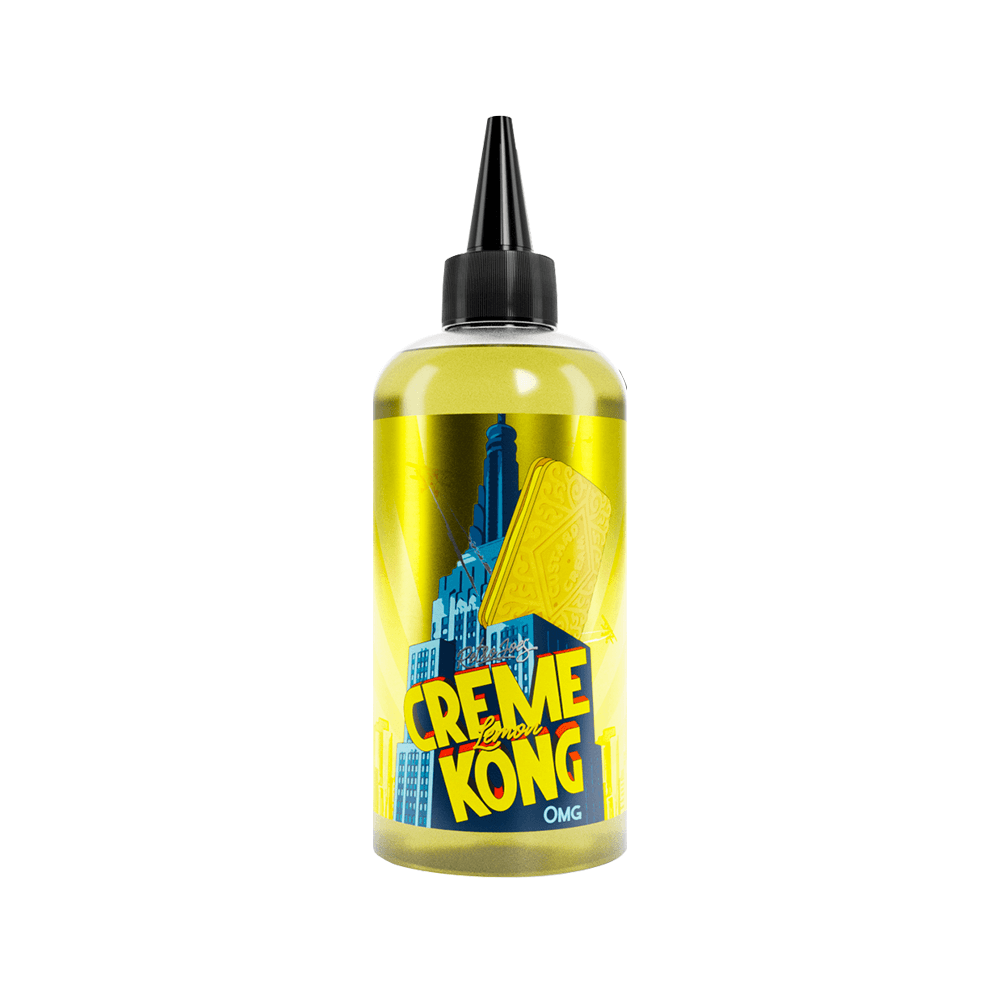 Creme Kong e-liquid bottle with bold yellow and blue design, featuring biscuits.