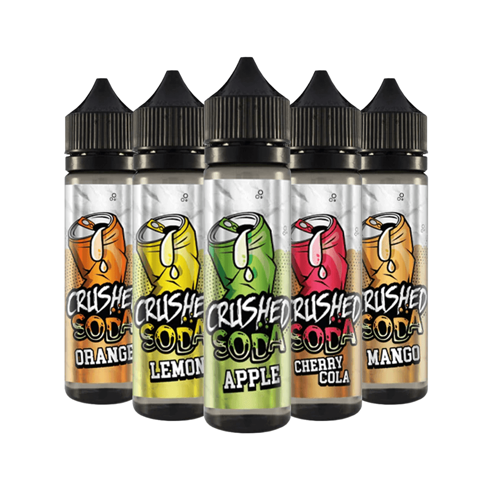 Crushed Soda e-liquid bottles: Orange, Lemon, Apple, Cherry Cola, Mango flavours.