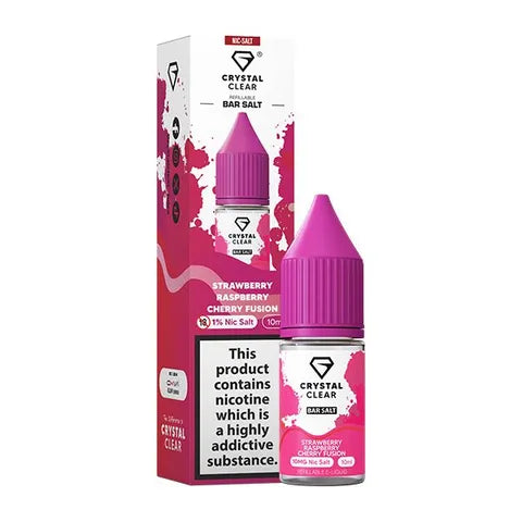 Crystal Clear Nic Salts - Strawberry Raspberry Cherry Fusion flavour,  this nicotine salt e-liquid is Designed for refillable pod systems