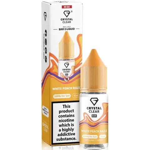 Crystal Clear Nic Salts - White Peach Razz flavour,  this nicotine salt e-liquid is Designed for refillable pod systems