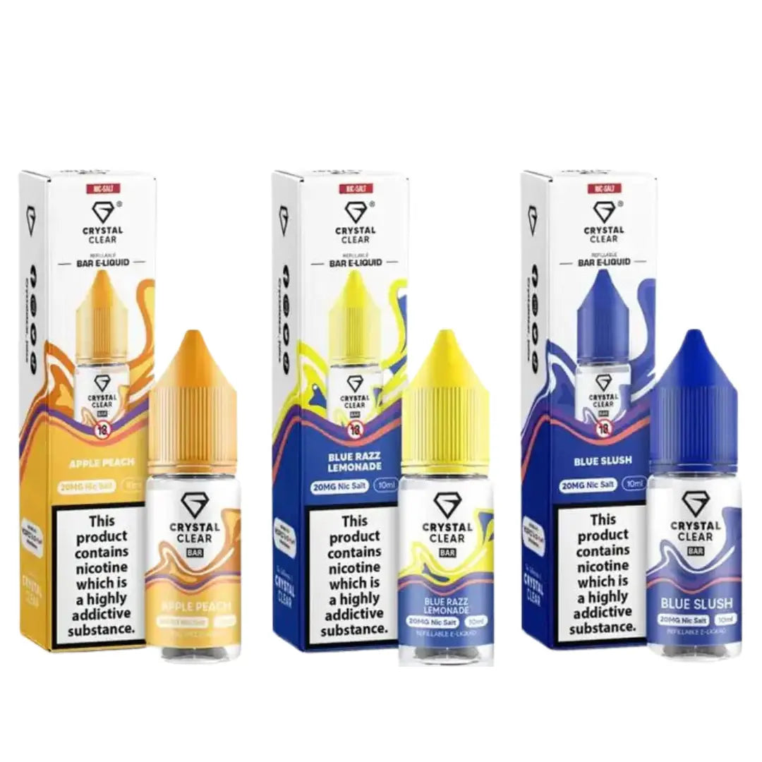  Crystal Clear Nic Salts 10ml range, featuring three enticing flavours: Apple Peach, Blue Razz Lemonade, and Blue Slush. Each bottle is designed with vibrant colour schemes that reflect its flavour profile—orange for Apple Peach, yellow for Blue Razz Lemonade, and blue for Blue Slush. The packaging clearly displays key product details