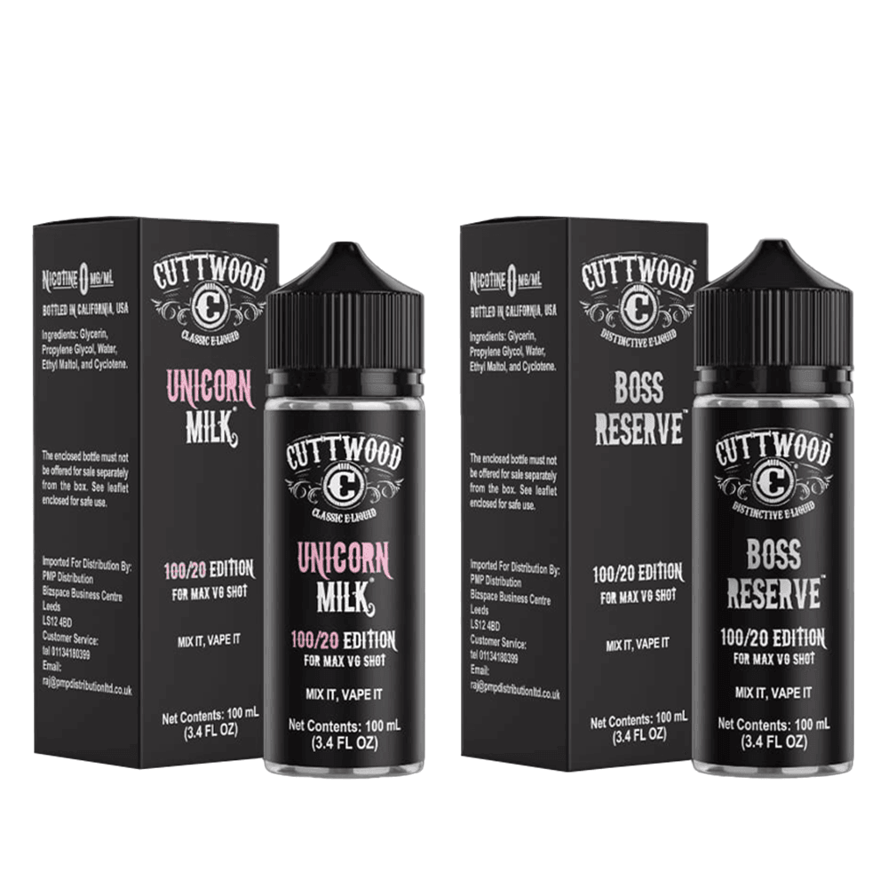 Cuttwood Unicorn Milk and Boss Reserve vape juice bottles with packaging.