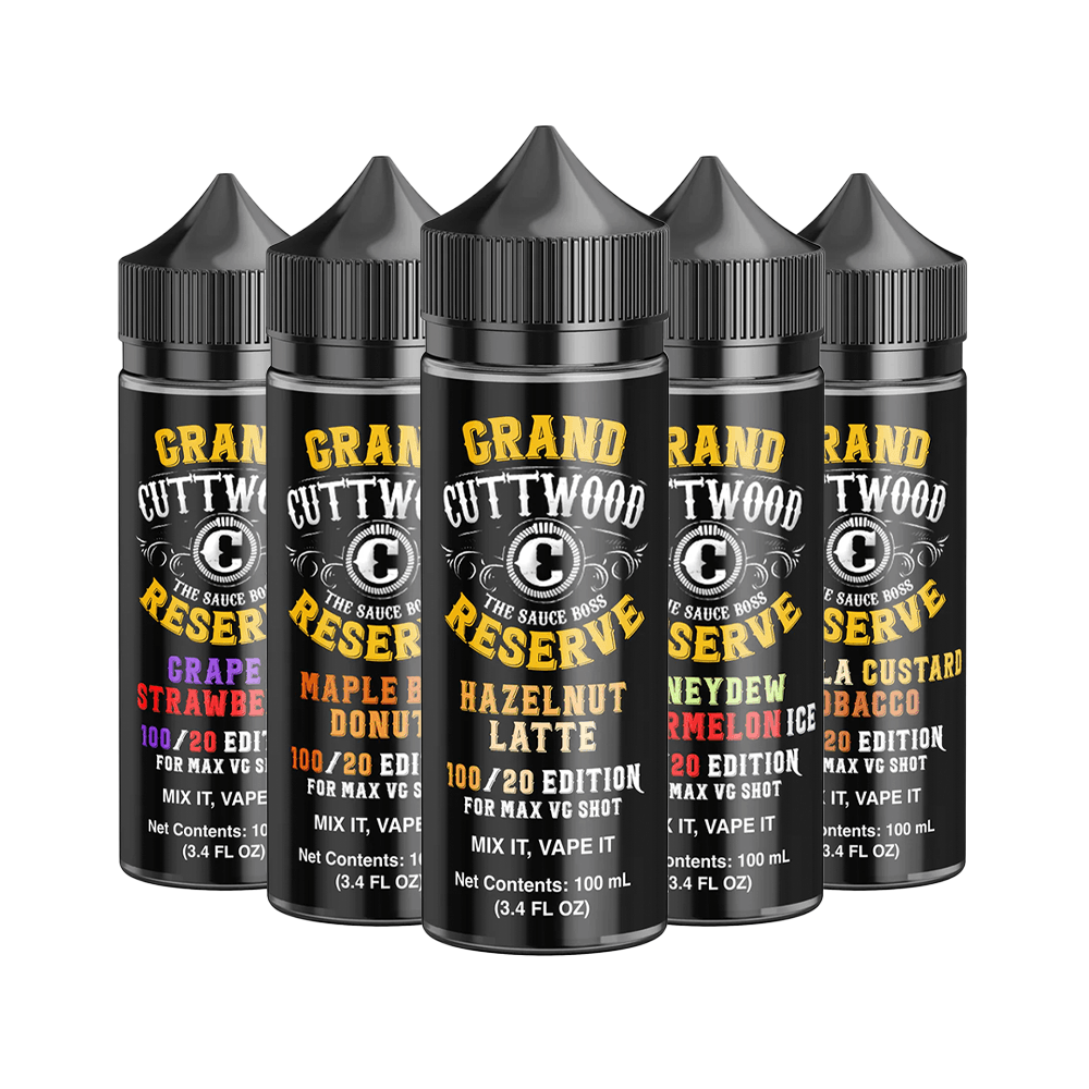 Five Cuttwood Grand Reserve 100ml e-liquid bottles in various flavours.