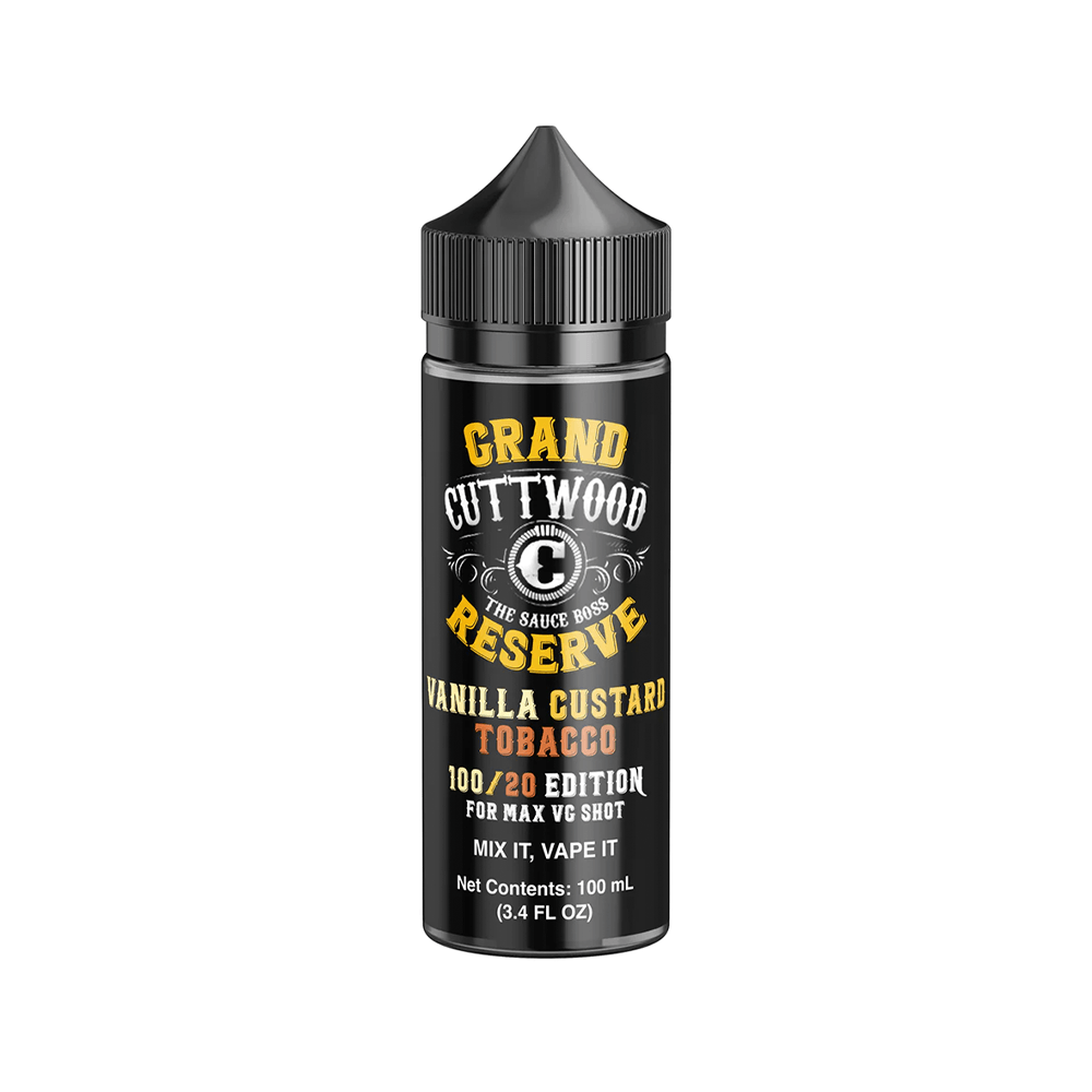 Cuttwood Grand Reserve Vanilla Custard Tobacco 100ml e-liquid bottle with black and gold label.