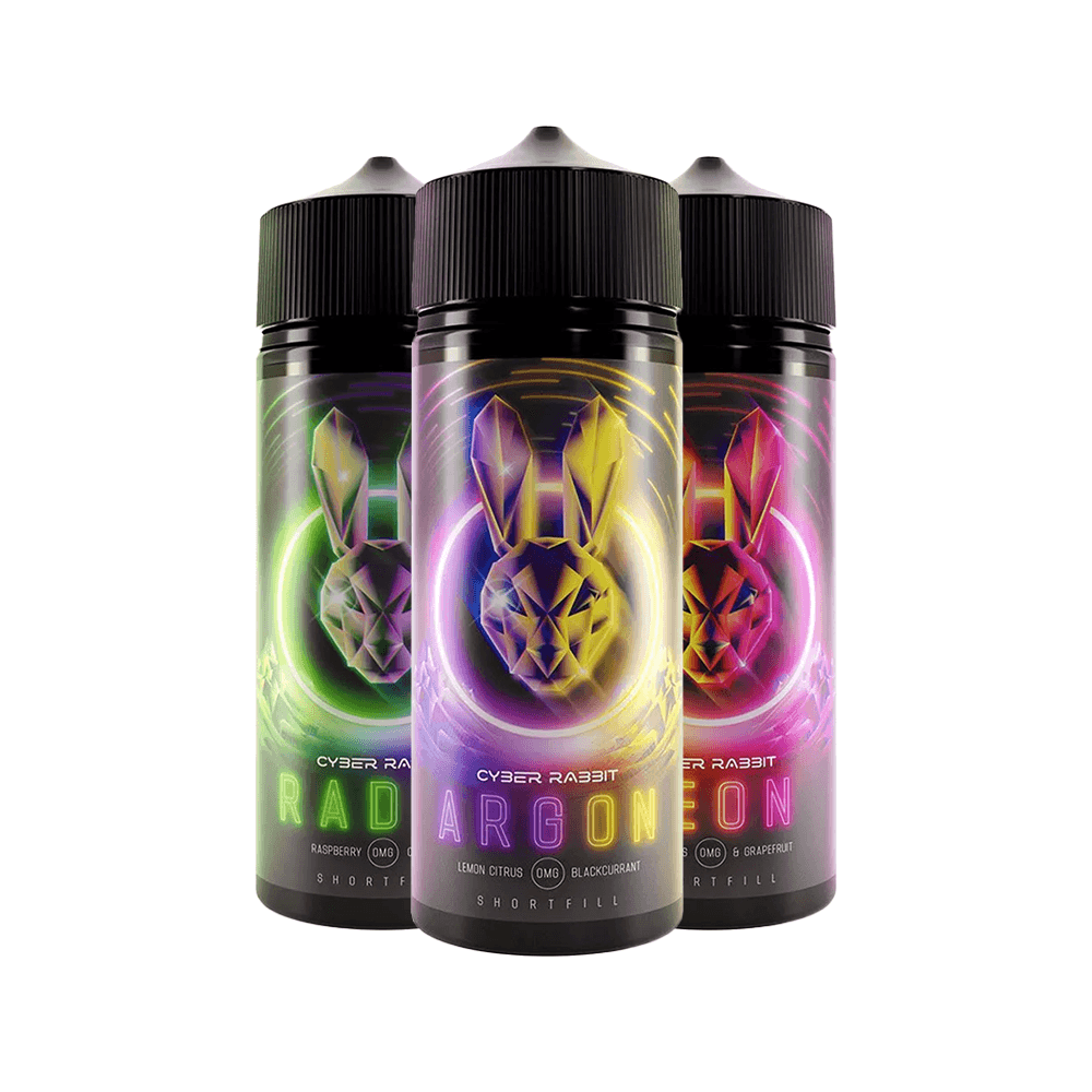 Three Cyber Rabbit vape juice bottles: Radon, Argon, Neon flavours, 100ml shortfill, UK.