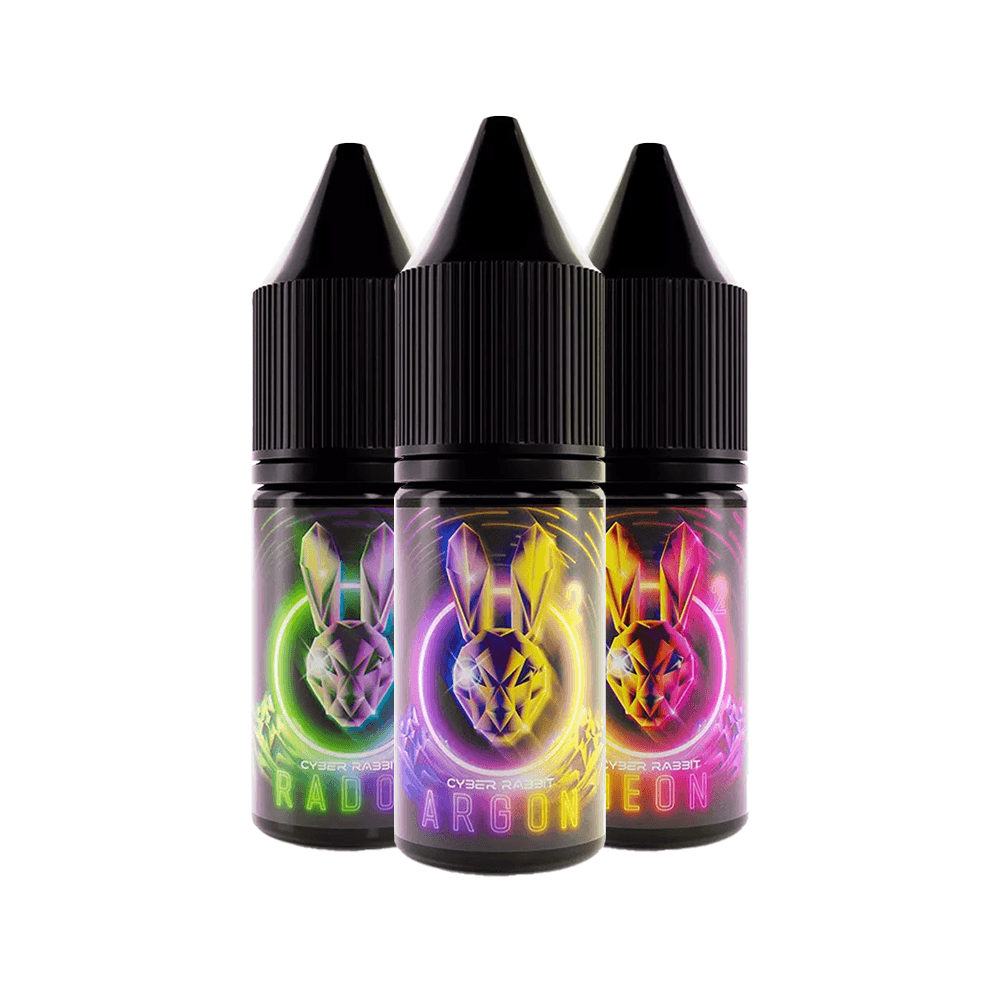 Three Cyber Rabbit 10ml salt e-liquid bottles in neon colours: Radon, Argon, Neon.