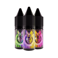 Three Cyber Rabbit 10ml salt e-liquid bottles in neon colours: Radon, Argon, Neon.