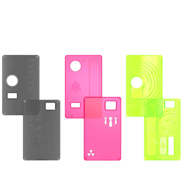 Colourful vape accessory panels in black, pink, and neon green.