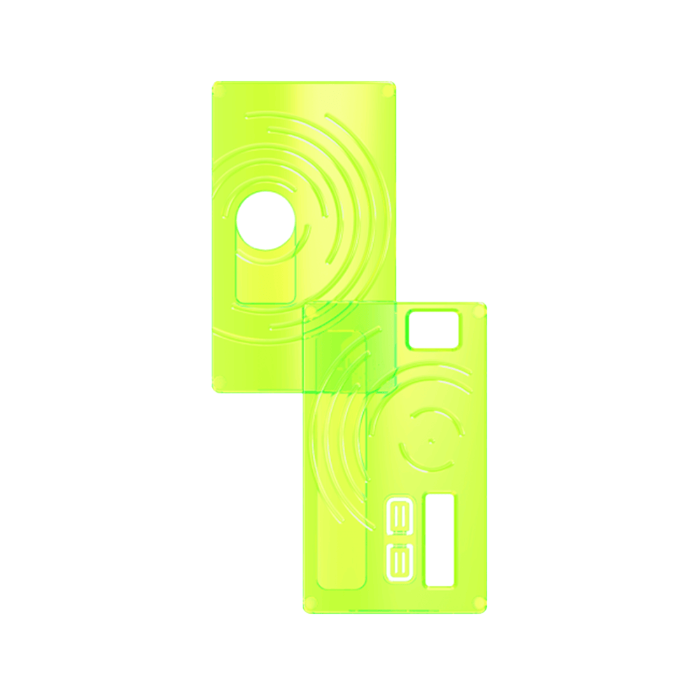 Neon green Damn Vape Atemporal RBA panels with circular and rectangular cutouts.