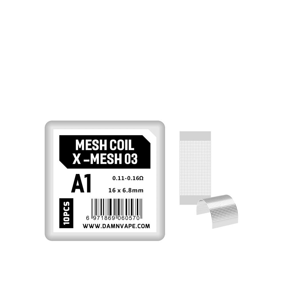 Damn Vape X-Mesh 03 A1 mesh coil pack with visible coil strips, 0.11-0.16Ω, 10 pieces.