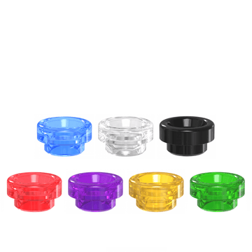 Colourful resin drip tips in red, blue, clear, black, purple, yellow, and green.