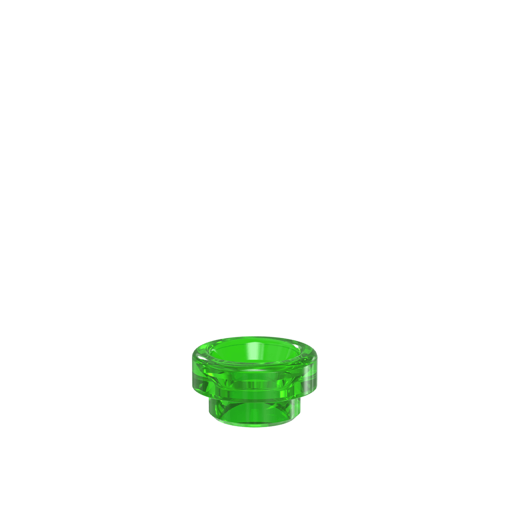 Green resin drip tip for vaping, wide bore design, transparent finish.