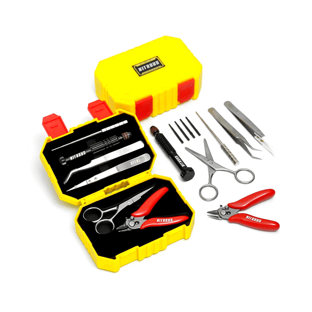 Damn Vape Nitrous DIY Tool Kit with scissors, tweezers, and screwdrivers in a yellow case.