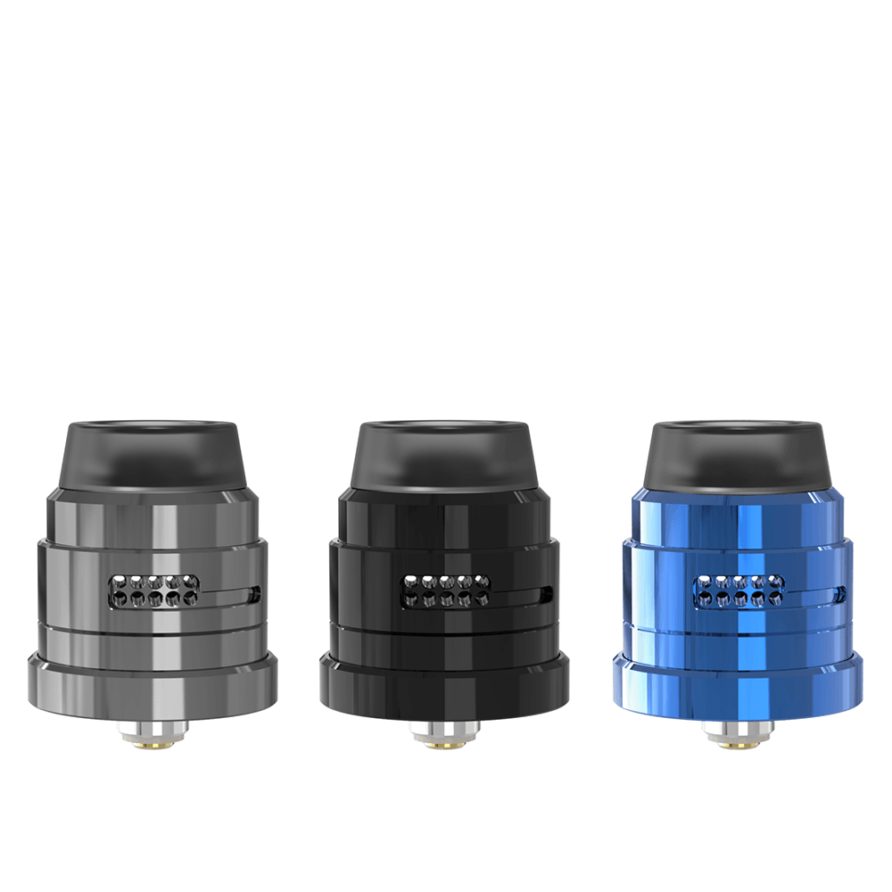 Three Damn Vape Nitrous RDA caps in grey, black, and blue on a white background.