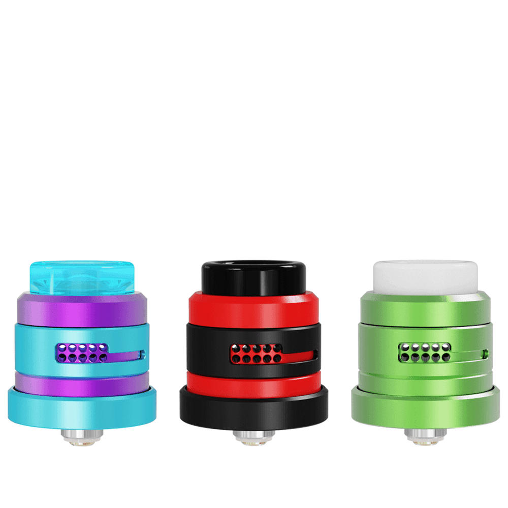 Colourful Damn Vape Nitrous RDA caps in blue, red, and green on a white background.