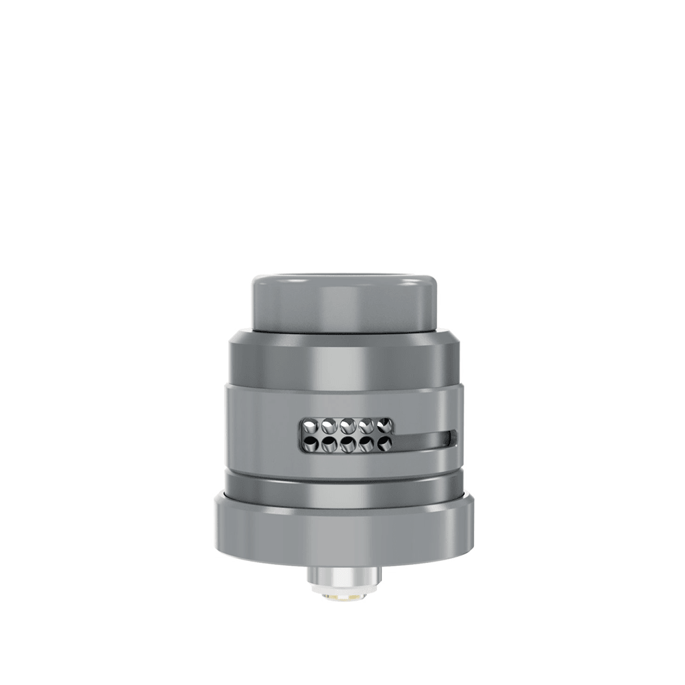 Damn Vape Nitrous RDA Dual Cap, grey finish, showcased on a white background.