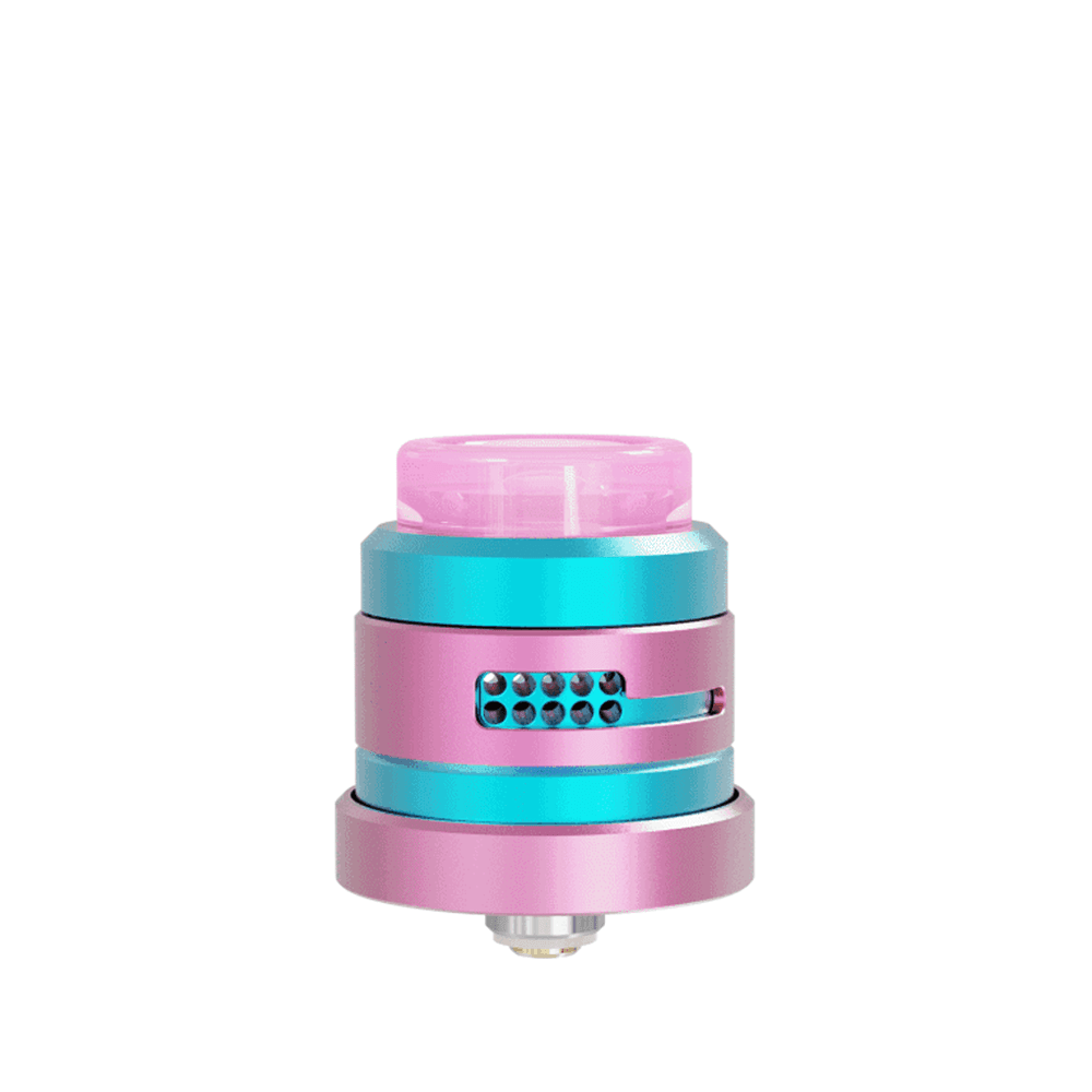 Colourful Damn Vape Nitrous RDA with dual cap, pink and teal design, UK vape shop.