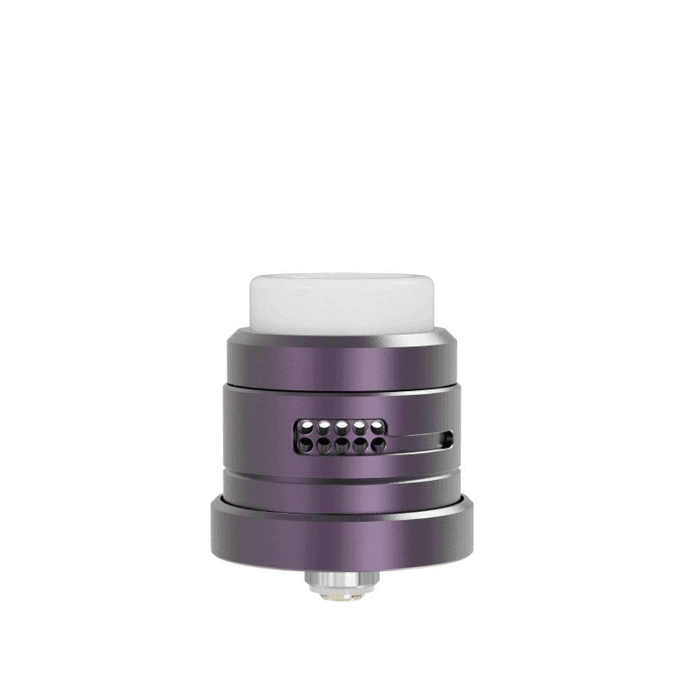 Purple Damn Vape Nitrous RDA with dual cap, side airflow holes, on a white background.