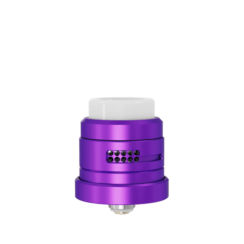 Purple Damn Vape Nitrous RDA with white mouthpiece, dual cap design.