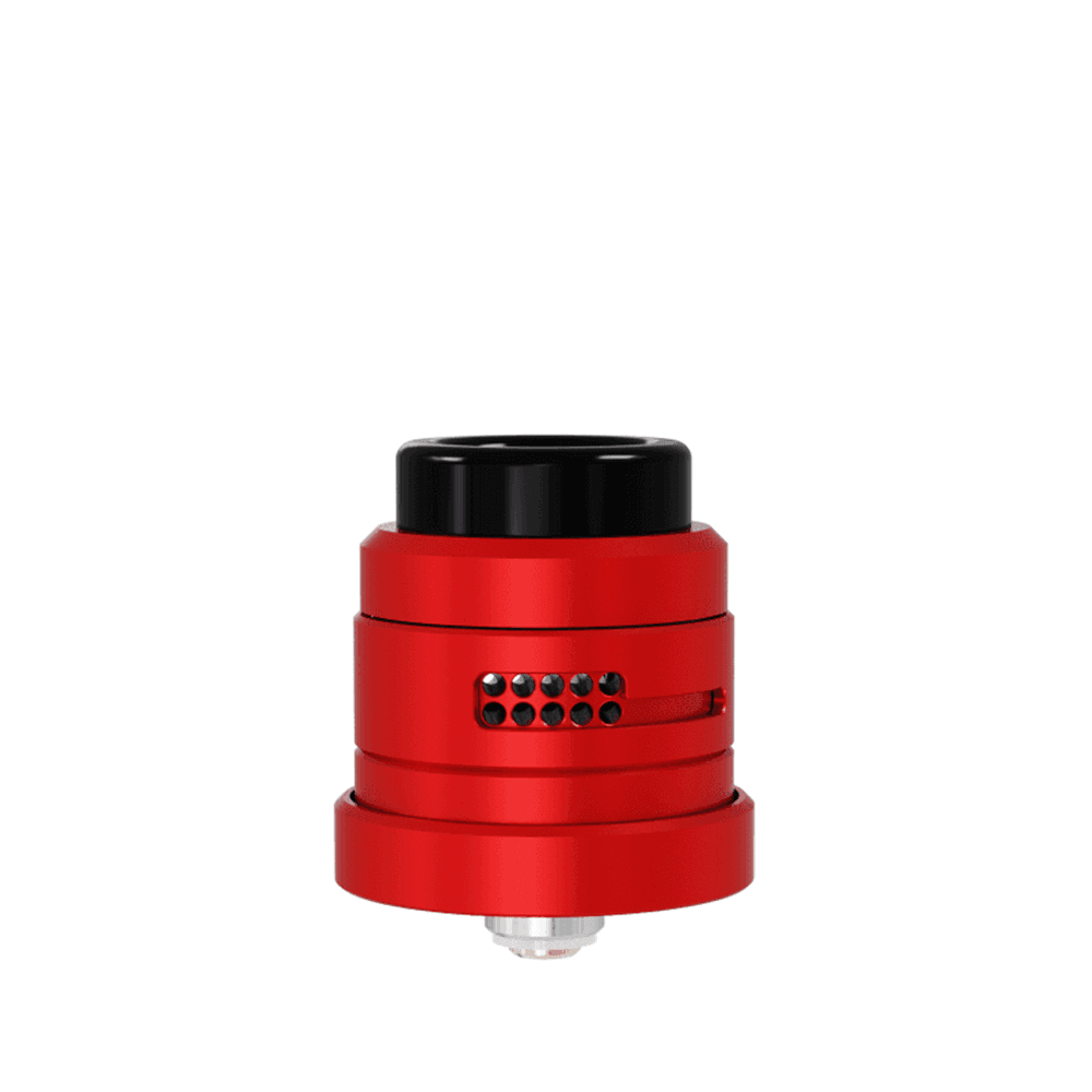 Red Damn Vape Nitrous RDA with dual cap, black drip tip, on white background.