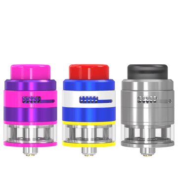 Three colourful vape tanks in pink, blue, and silver with airflow slots.