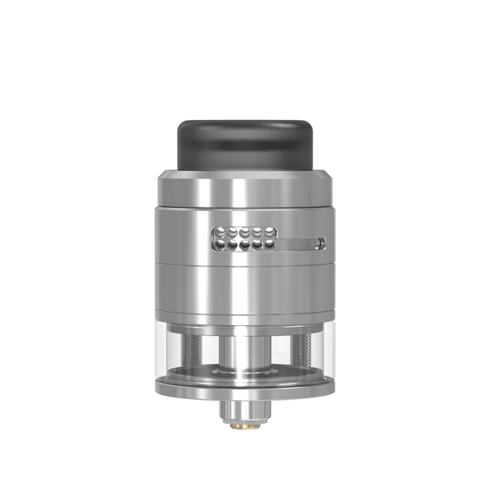 Silver Damn Vape Nitrous RDTA with a black drip tip, shown against a white background.