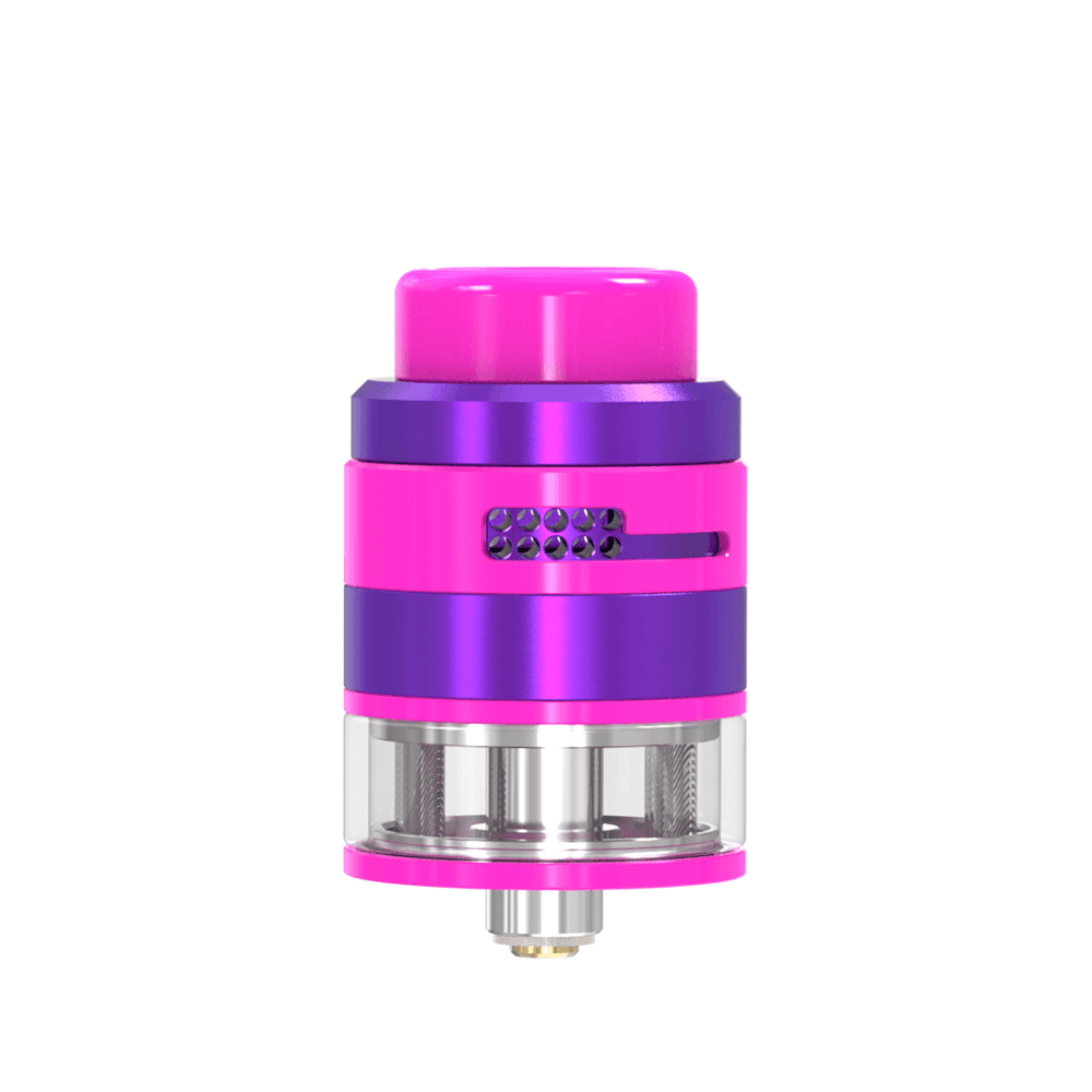 Bright pink and purple Damn Vape Nitrous RDTA, showcasing its sleek design.