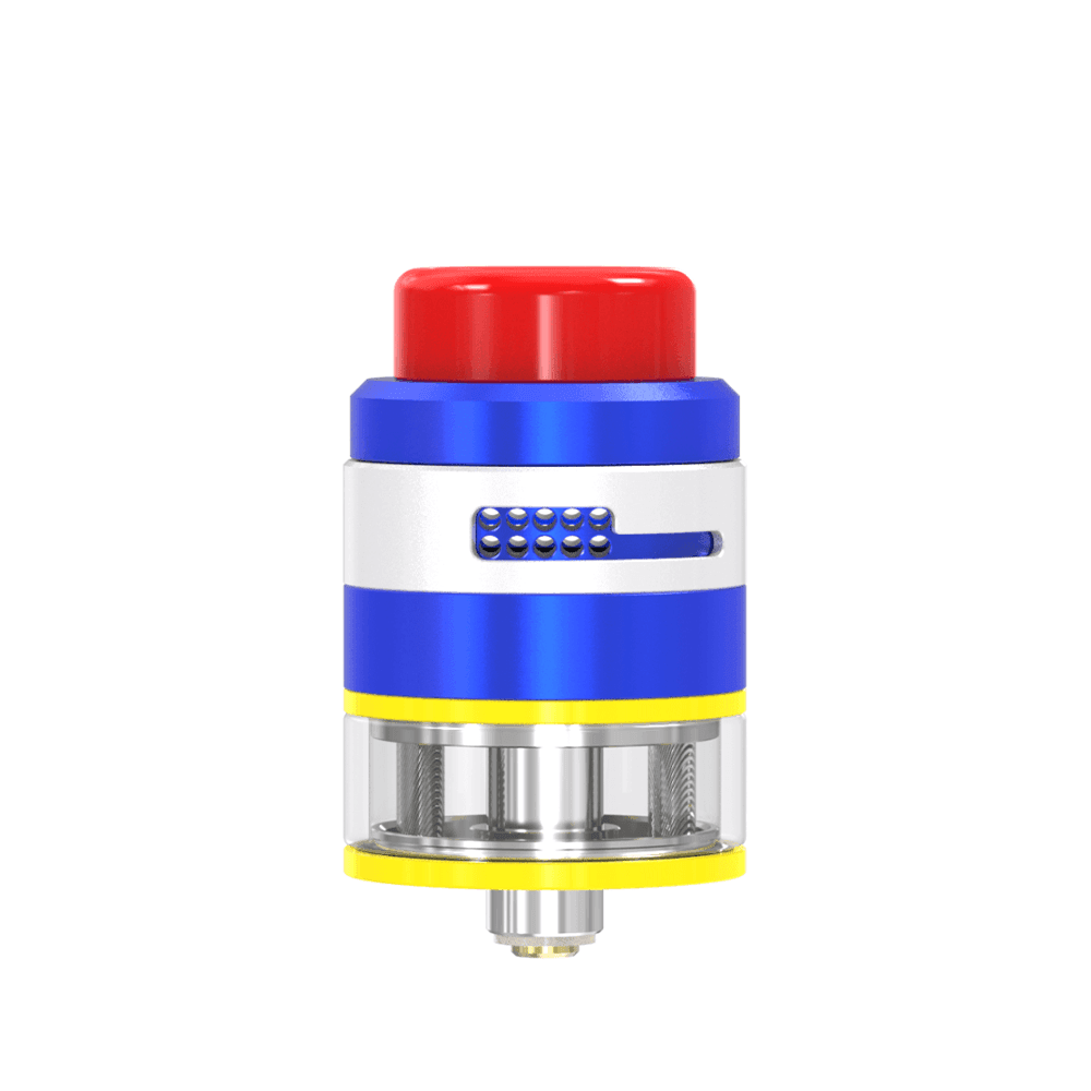 Colourful Damn Vape Nitrous RDTA with red, blue, and yellow accents on a white background.