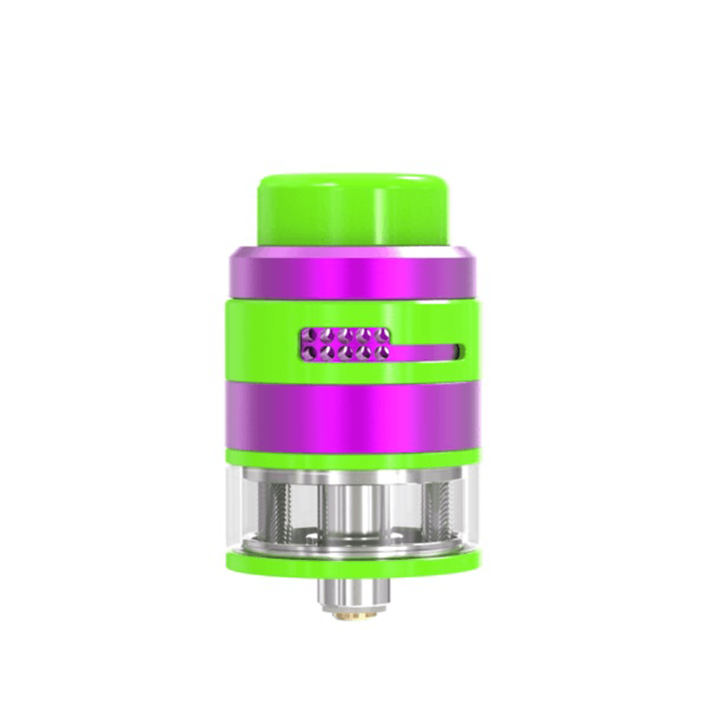 Brightly coloured Damn Vape Nitrous RDTA with green and purple accents.