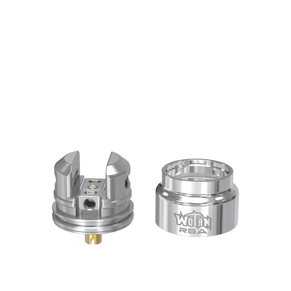 Damn Vape Wotan RBA coil and base, silver, disassembled view.