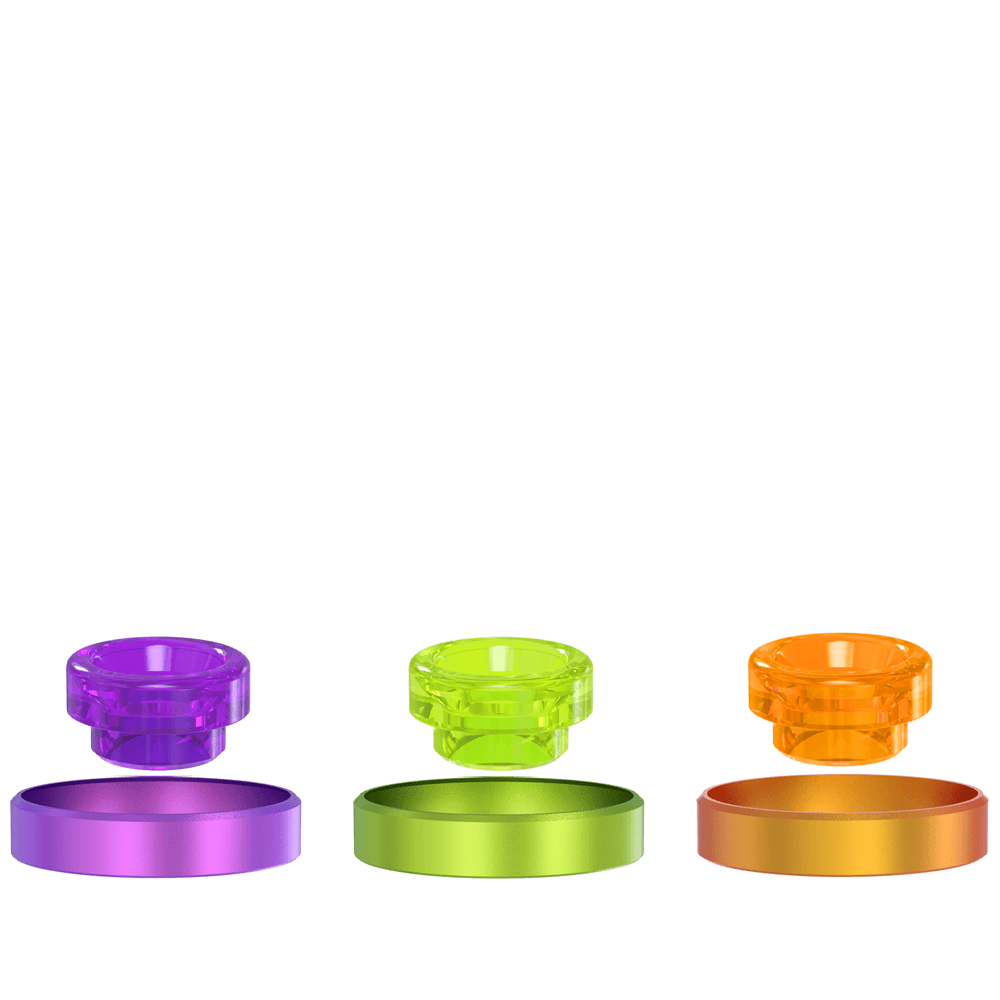 Damn Vape Mind Flayer 810 drip tip and beauty ring in purple, green, and orange.