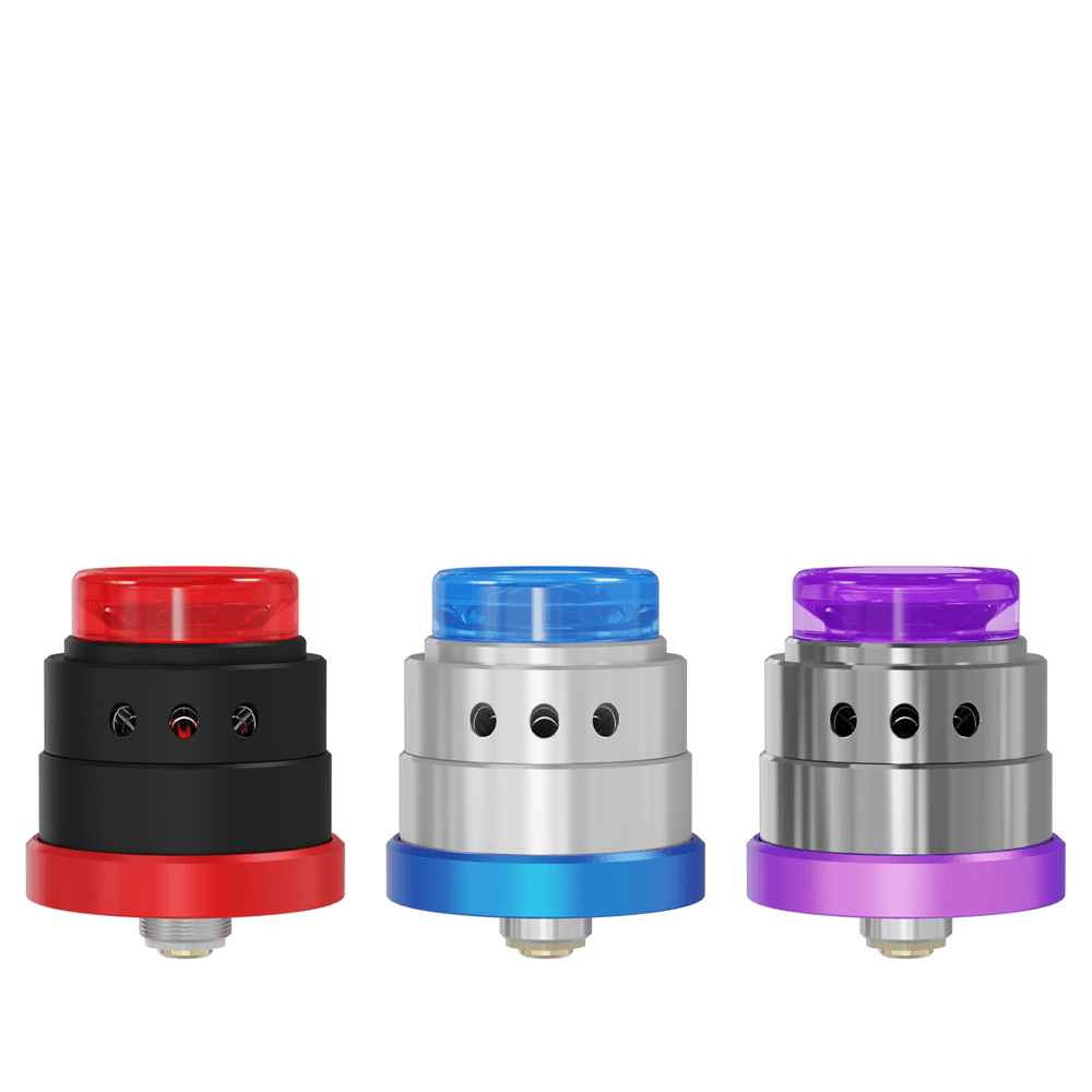 Three Damn Vape x The Mind Flayer Demo RDA in red, blue, and purple on a white background.