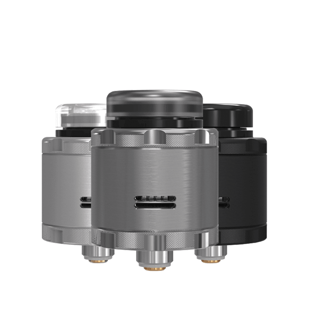 Three grey TMF RDA V2 vaping devices with sleek metallic finish, displayed side by side.