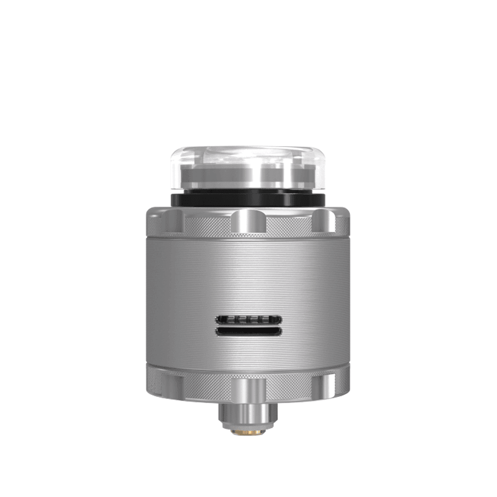 Damn Vape TMF RDA V2 in silver, showcasing its sleek cylindrical design and airflow slot.