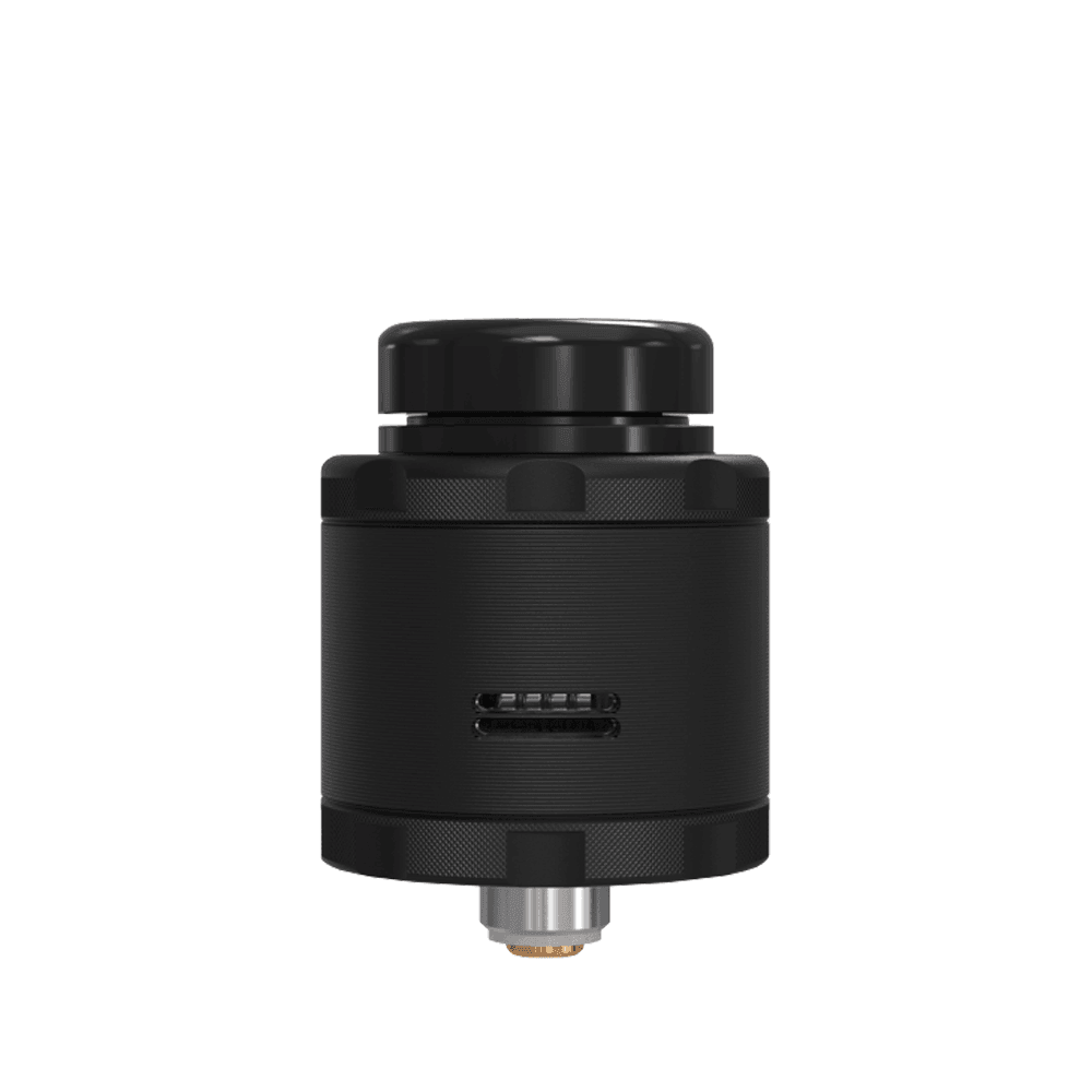 Black RDA vape atomiser with knurled top cap and sleek design.