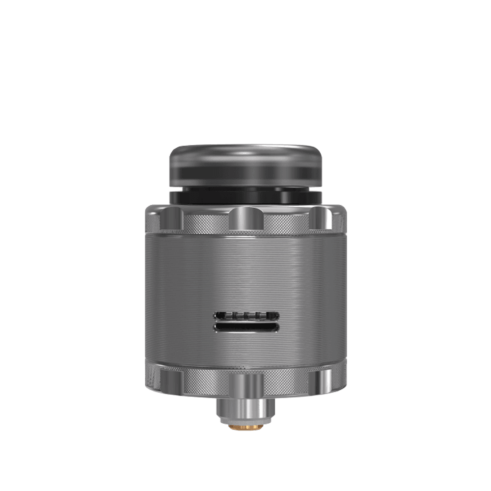 Sleek silver vape RDA with adjustable airflow and textured finish.