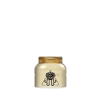 Gold vape RDA with black logo and transparent top cap.