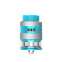 Damn Vape Nitrous RDTA in blue and silver, showcasing adjustable airflow and glass tank.